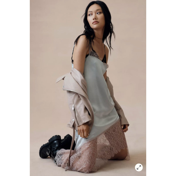 Anthropologie Slip Dress Womens 6 Navy Lace Trimmed Satin Back Zip Shelf Bra - Picture 15 of 16